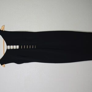 Joseph Ribkoff 6  Black Midi Sheath Dress with Gold Metal Back And Side Accents.
